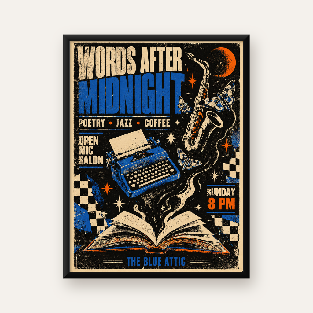 Gece Şiir ve Caz Etkinliği Retro Poster Baskı — Dikey baskı, düz siyah çerçeveli duvar posteri