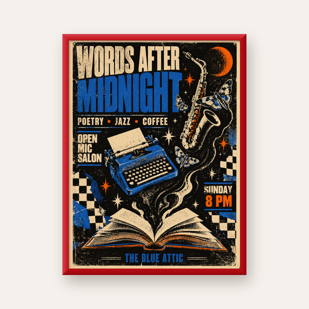 Gece Şiir ve Caz Etkinliği Retro Poster Baskı — kırmızı çerçeveli