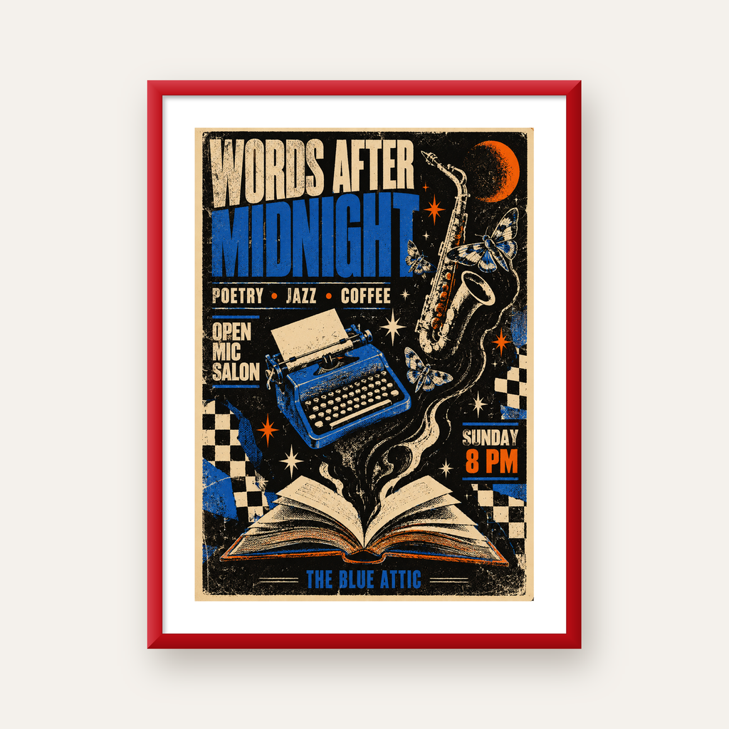 Gece Şiir ve Caz Etkinliği Retro Poster Baskı — kırmızı çerçeveli paspartulu