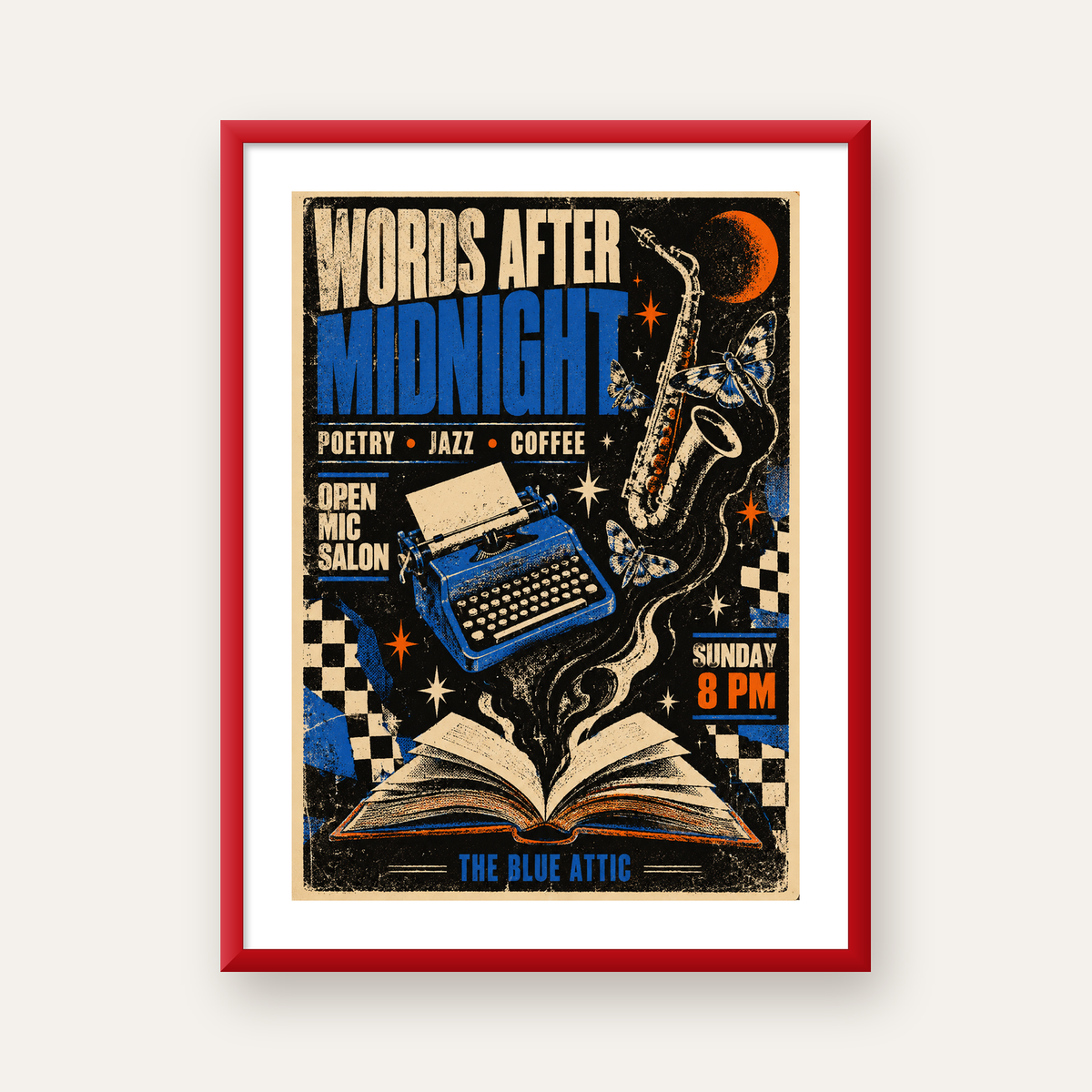 Gece Şiir ve Caz Etkinliği Retro Poster Baskı — kırmızı çerçeveli paspartulu