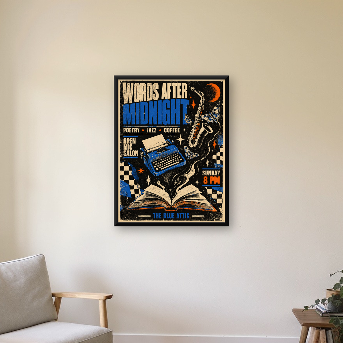 Gece Şiir ve Caz Etkinliği Retro Poster Baskı — Dikey baskı, çerçeveli hâliyle bir ev duvarında