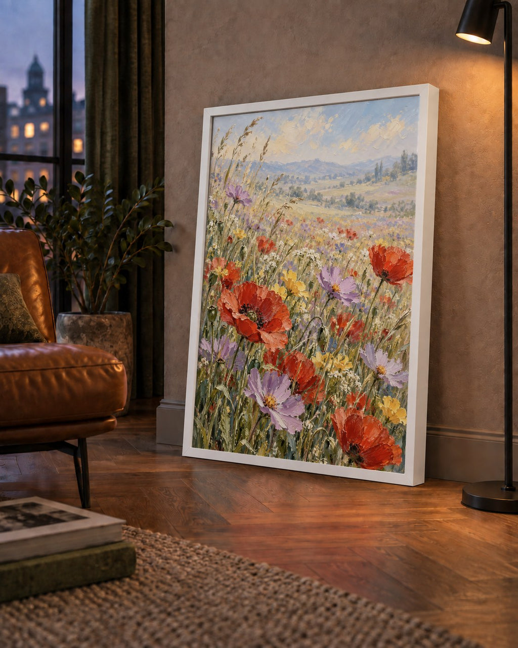 Çiçekli Kır Manzarası Yağlı Boya Poster – Canlı Duvar Dekoru — çerçeveli hâliyle bir ev duvarında