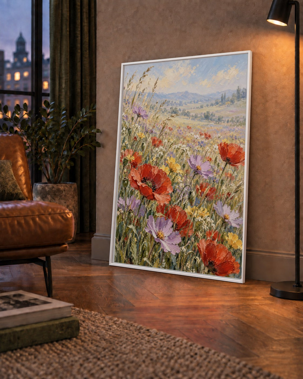 Çiçekli Kır Manzarası Yağlı Boya Poster – Canlı Duvar Dekoru — çerçeveli hâliyle bir ev duvarında