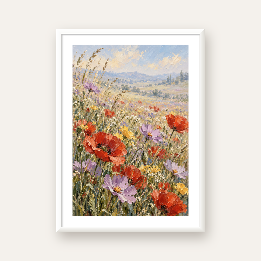 Çiçekli Kır Manzarası Yağlı Boya Poster – Canlı Duvar Dekoru — beyaz çerçeveli dikey poster