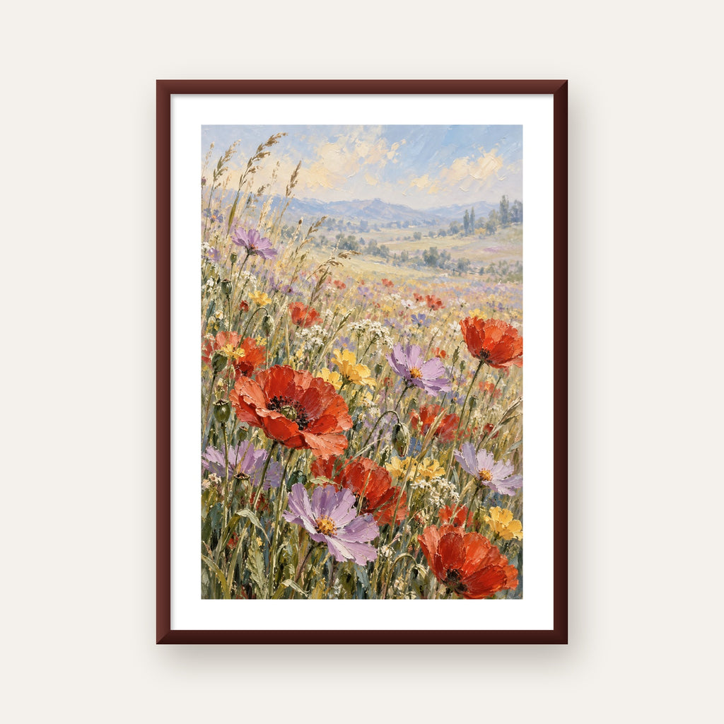 Çiçekli Kır Manzarası Yağlı Boya Poster – Canlı Duvar Dekoru — ceviz çerçeveli paspartulu