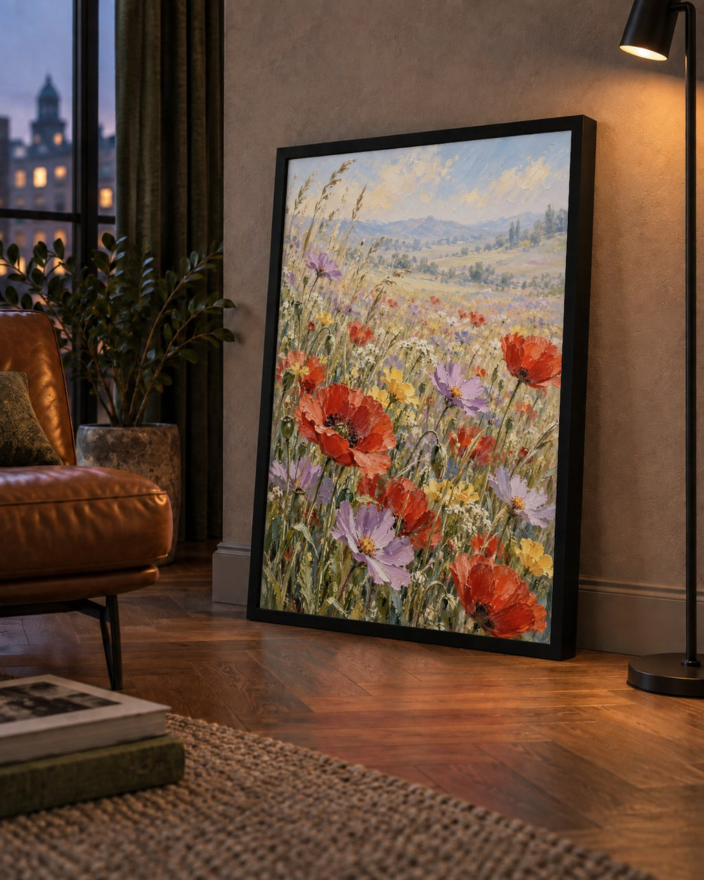 Çiçekli Kır Manzarası Yağlı Boya Poster – Canlı Duvar Dekoru — çerçeveli hâliyle bir ev duvarında