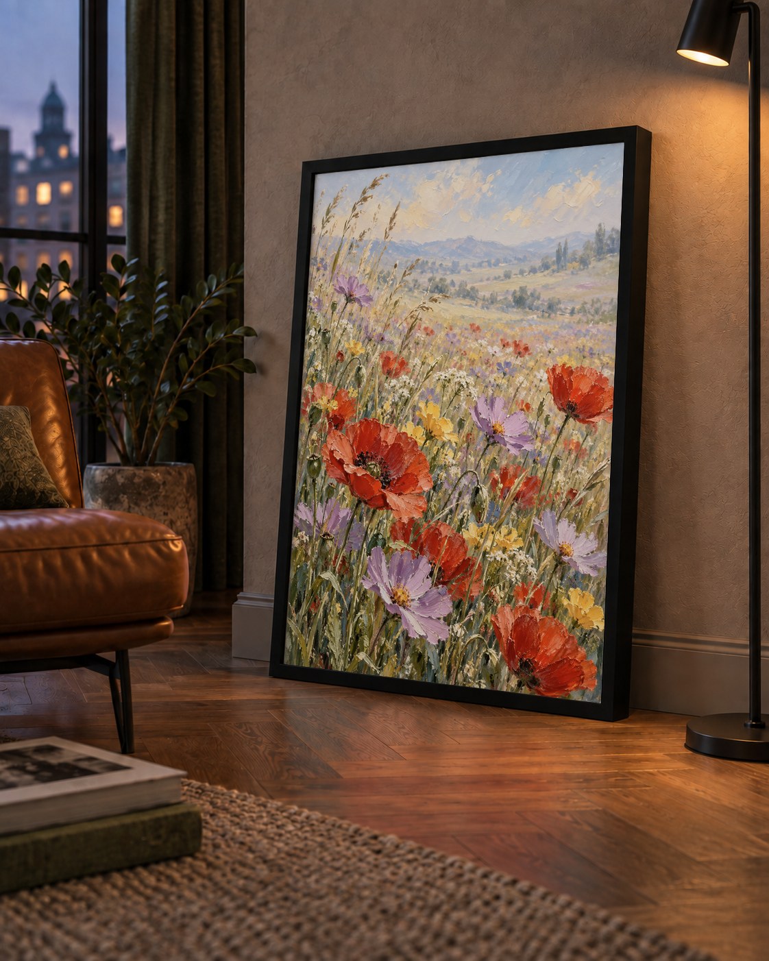 Çiçekli Kır Manzarası Yağlı Boya Poster – Canlı Duvar Dekoru — çerçeveli hâliyle bir ev duvarında