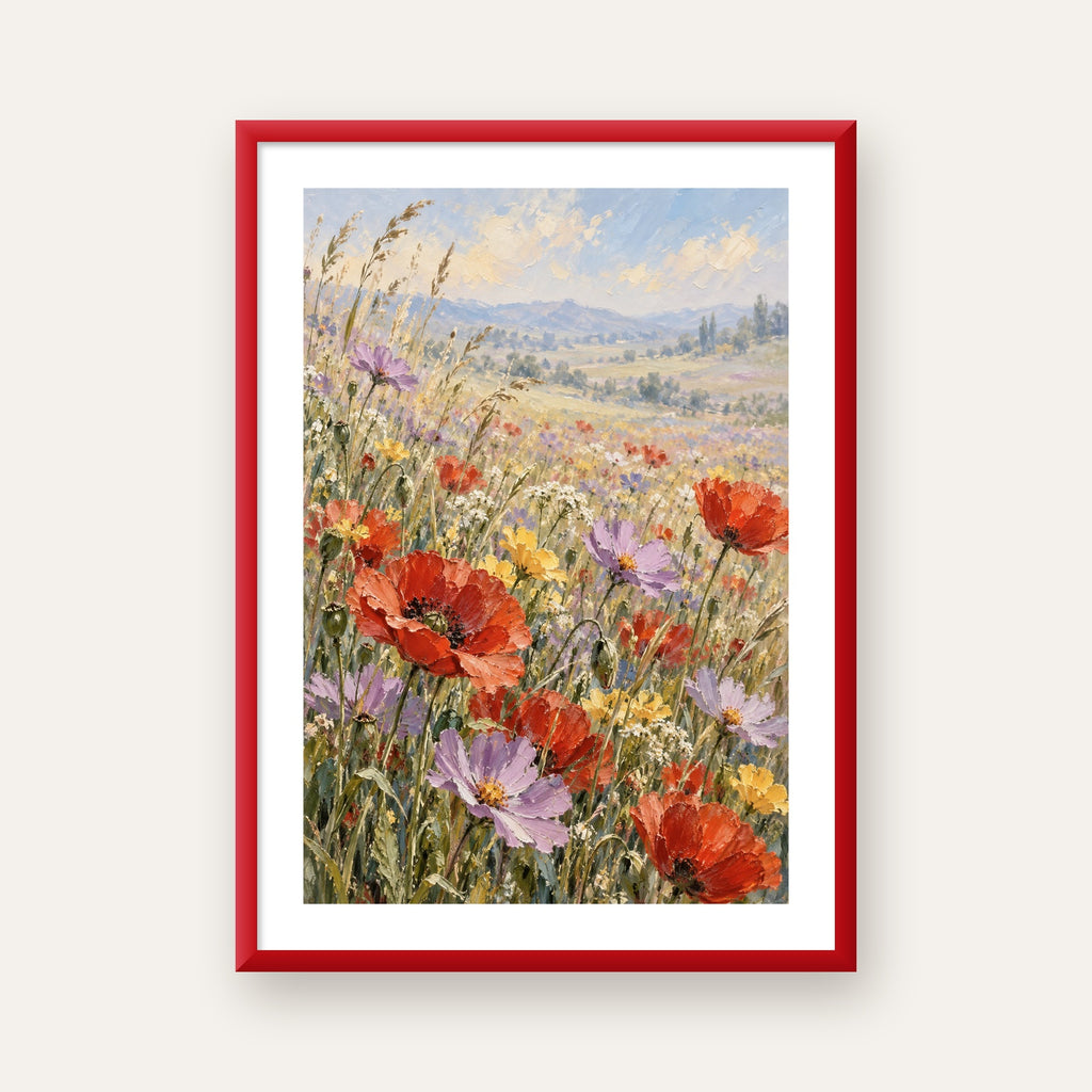 Çiçekli Kır Manzarası Yağlı Boya Poster – Canlı Duvar Dekoru — kırmızı çerçeveli paspartulu