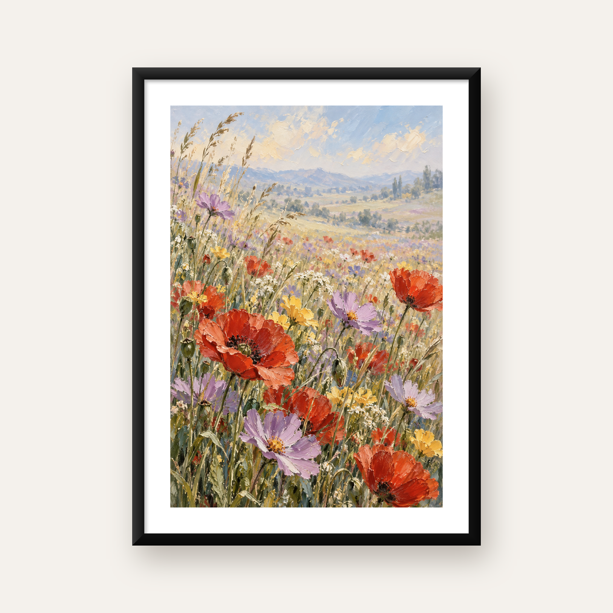 Çiçekli Kır Manzarası Yağlı Boya Poster – Canlı Duvar Dekoru — Dikey baskı, beyaz paspartulu
