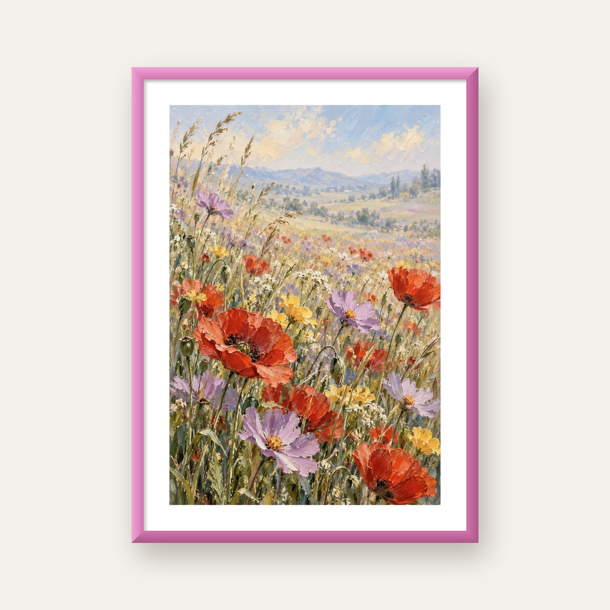 Çiçekli Kır Manzarası Yağlı Boya Poster – Canlı Duvar Dekoru — pembe çerçeveli paspartulu