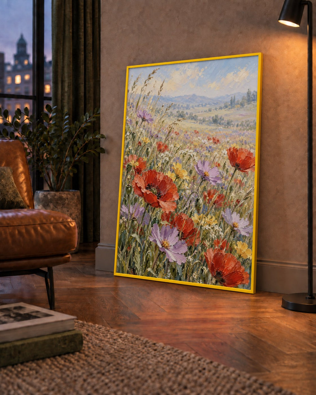 Çiçekli Kır Manzarası Yağlı Boya Poster – Canlı Duvar Dekoru — çerçeveli hâliyle bir ev duvarında