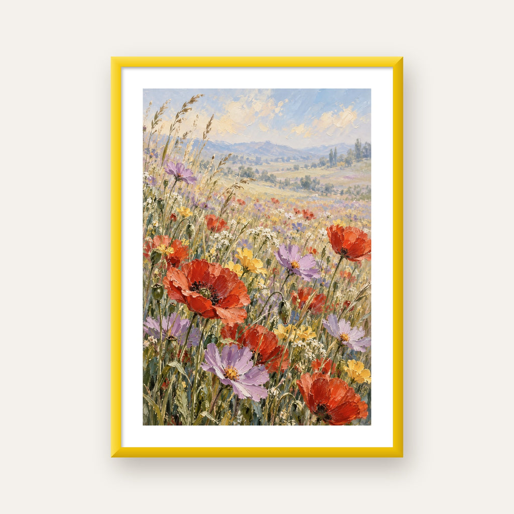 Çiçekli Kır Manzarası Yağlı Boya Poster – Canlı Duvar Dekoru — sarı çerçeveli paspartulu