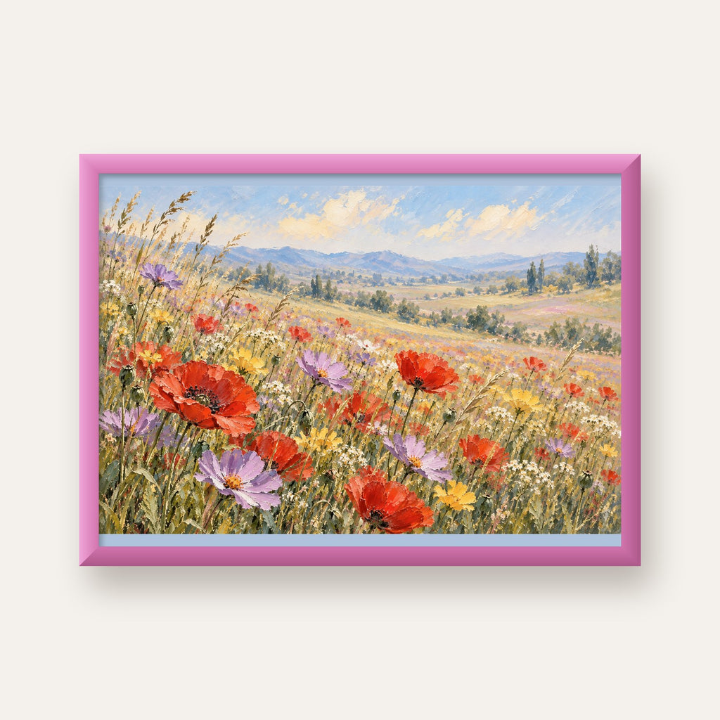Çiçekli Kır Manzarası Yağlı Boya Poster – Canlı Duvar Dekoru — pembe çerçeveli