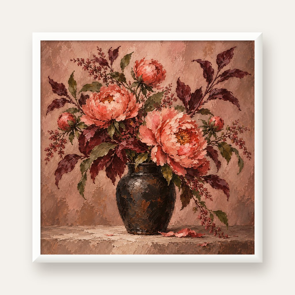 Koyu Vazoda Şakayık – Yağlı Boya Stilinde Poster — beyaz çerçeveli kare poster