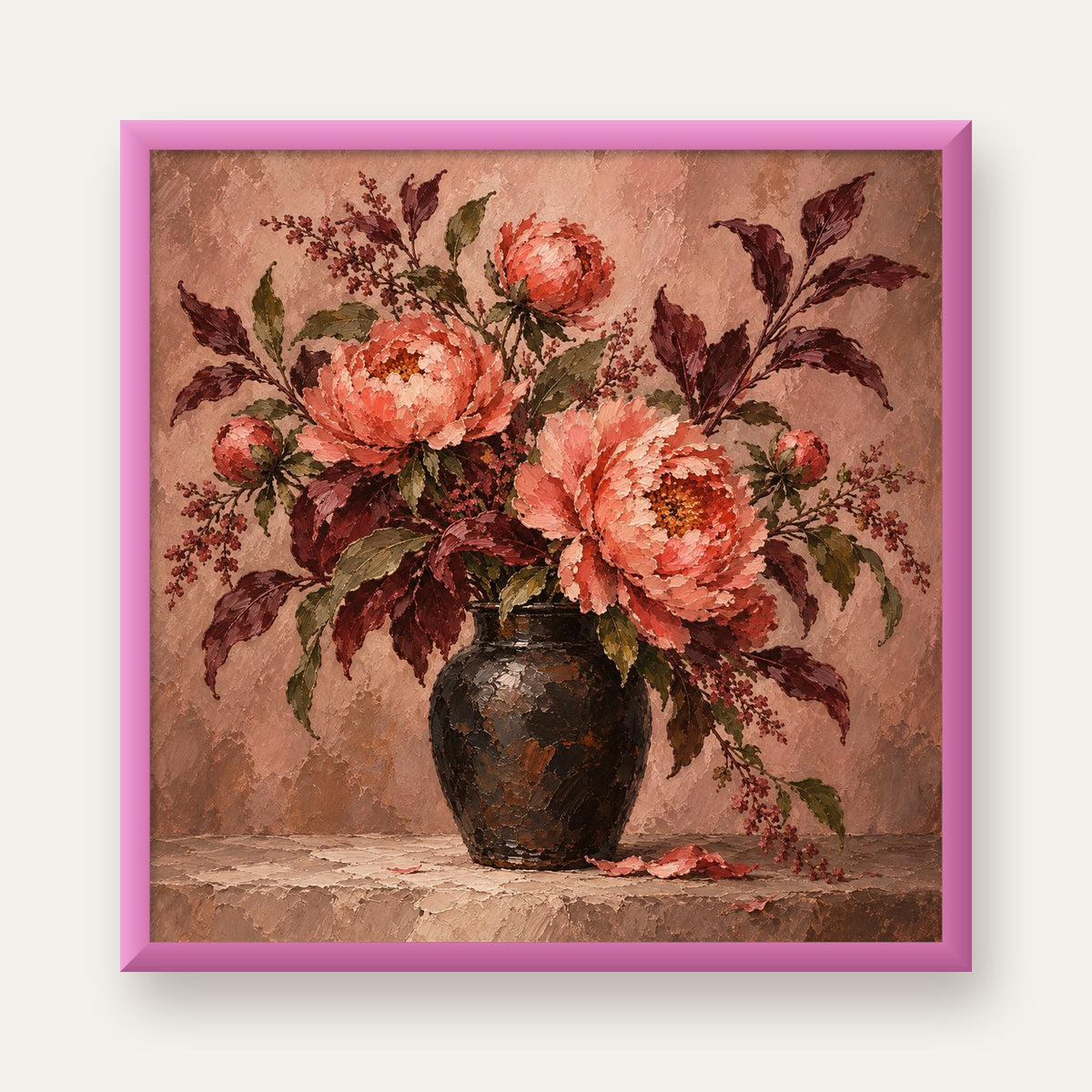 Koyu Vazoda Şakayık – Yağlı Boya Stilinde Poster — pembe çerçeveli