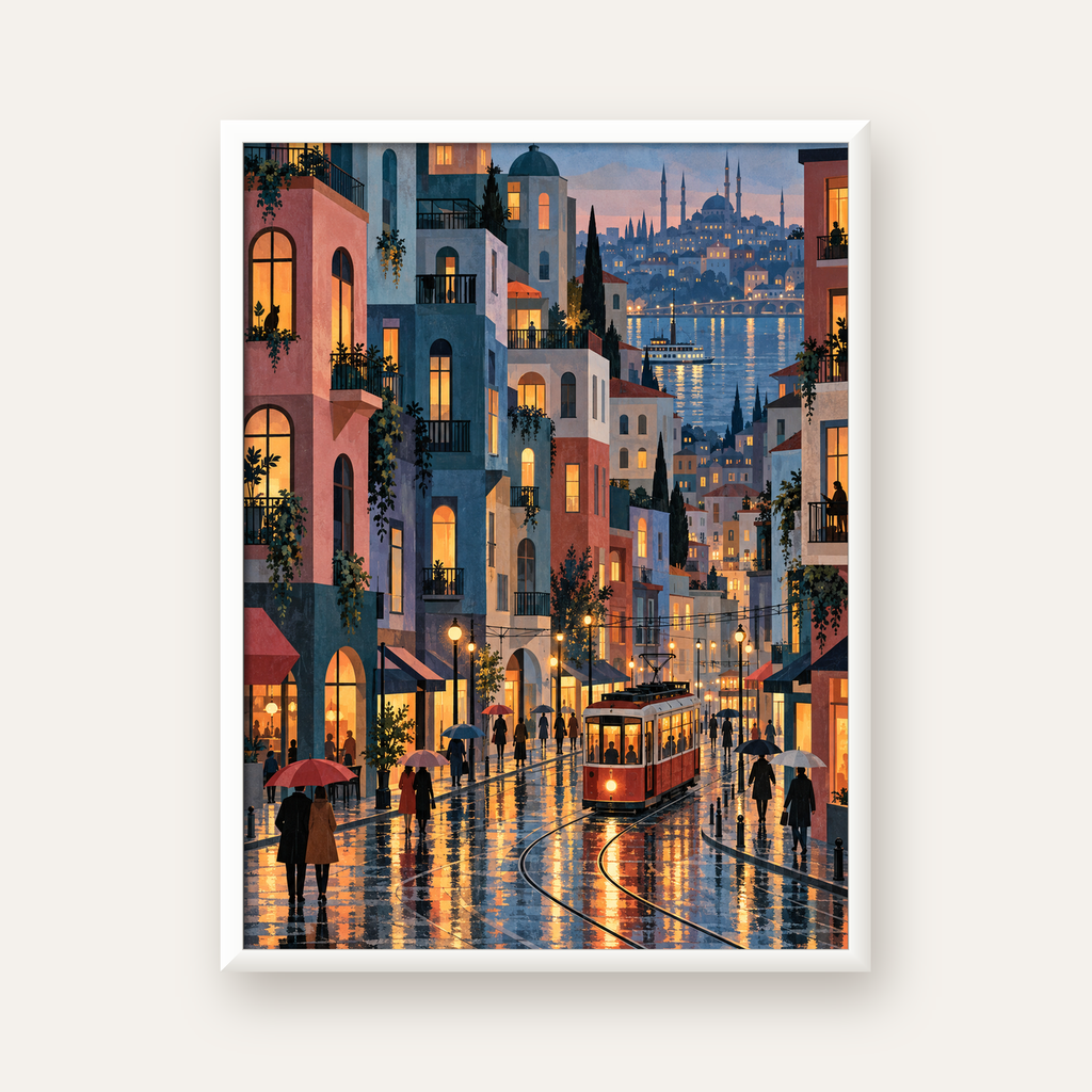 Yağmurlu Gece Tramvayı — beyaz çerçeveli dikey poster