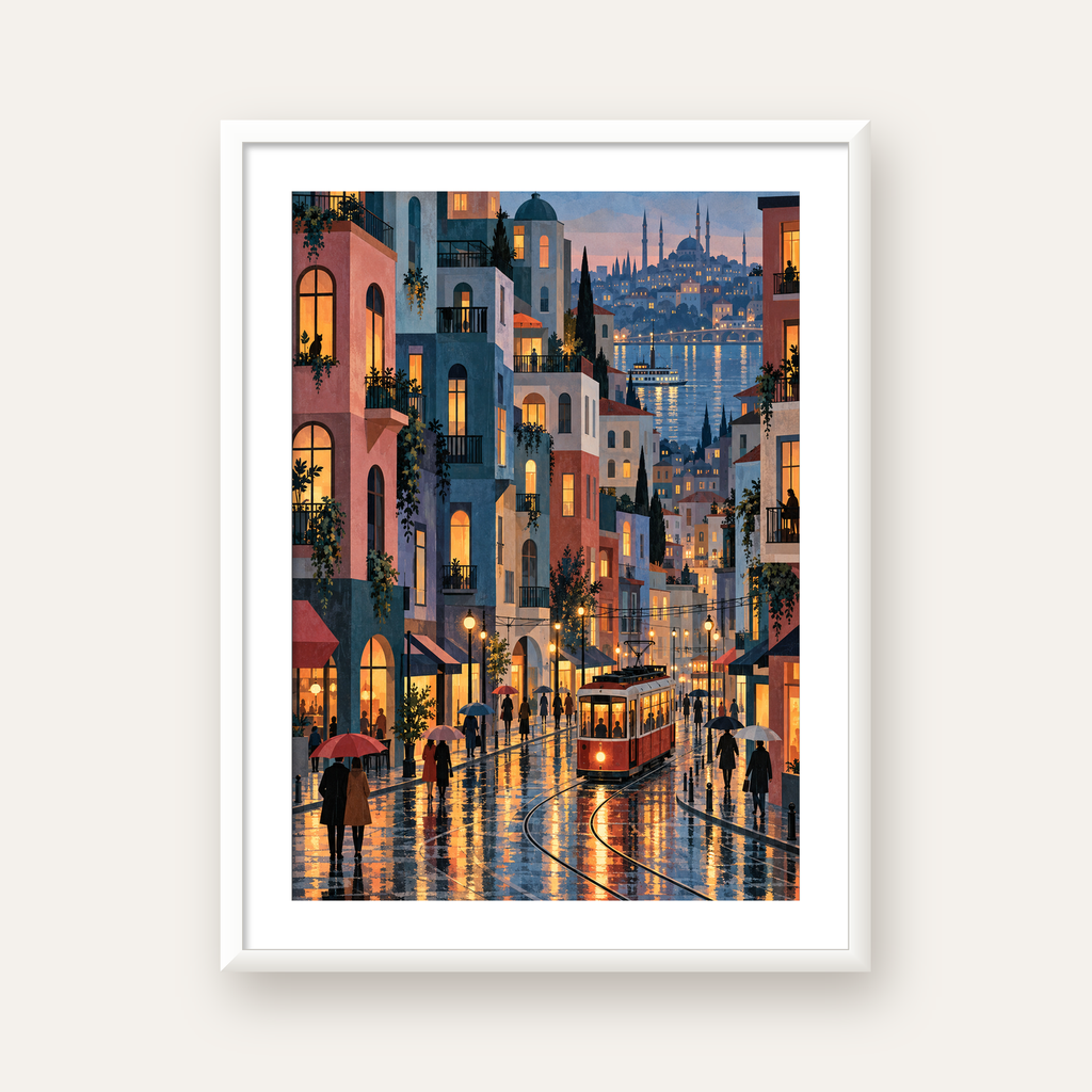 Yağmurlu Gece Tramvayı — beyaz çerçeveli dikey poster