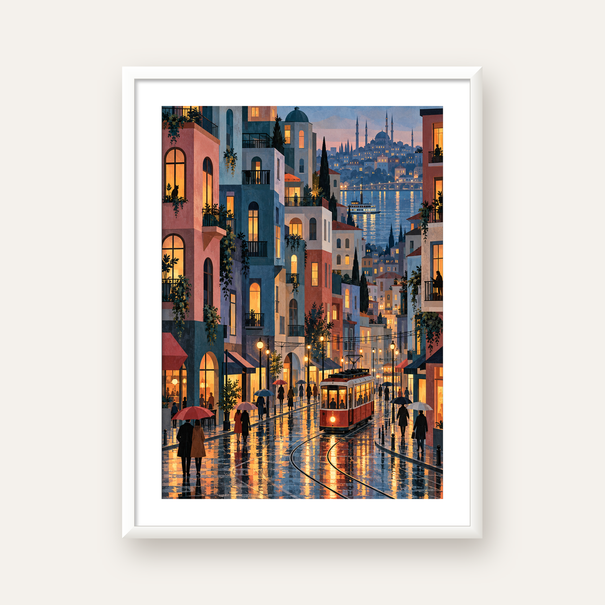 Yağmurlu Gece Tramvayı — beyaz çerçeveli dikey poster