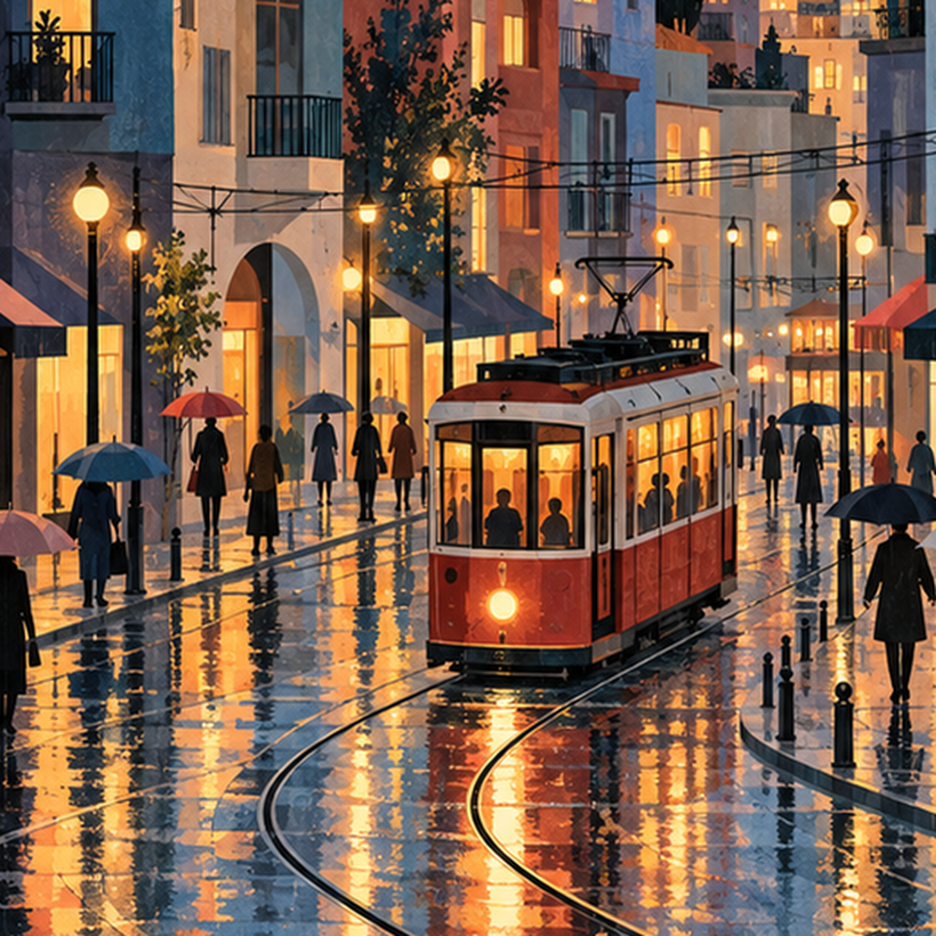 Yağmurlu İstanbul Akşamı Tramvaylı Şehir Poster Sanatı — baskının yakın çekimi, kâğıt dokusu ve renk detayı
