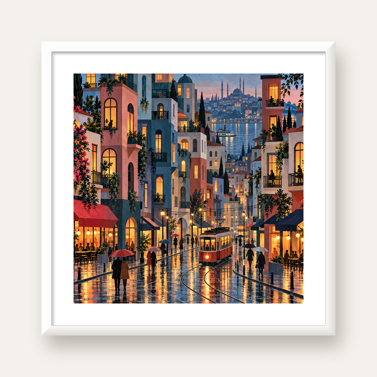 Yağmurlu Gece Tramvayı — beyaz çerçeveli kare poster