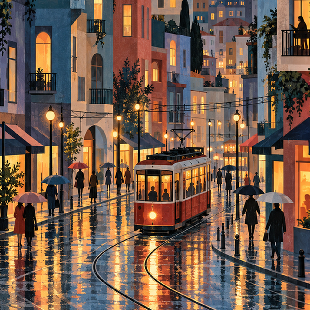 Yağmurlu İstanbul Akşamı Tramvaylı Şehir Poster Sanatı — baskının yakın çekimi, kâğıt dokusu ve renk detayı