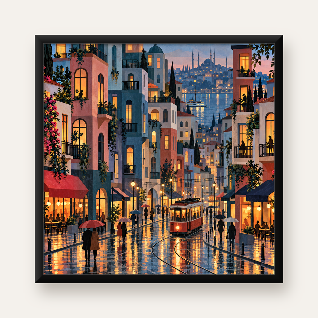 Yağmurlu İstanbul Akşamı Tramvaylı Şehir Poster Sanatı — Kare baskı, düz siyah çerçeveli duvar posteri