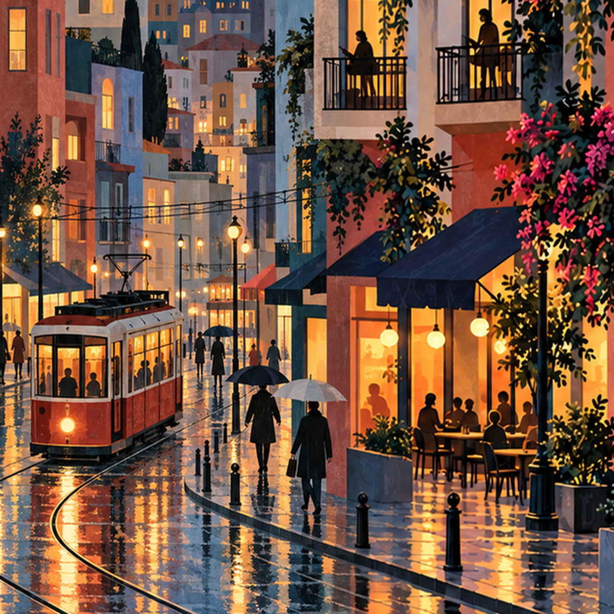 Yağmurlu İstanbul Akşamı Tramvaylı Şehir Poster Sanatı — baskının yakın çekimi, kâğıt dokusu ve renk detayı