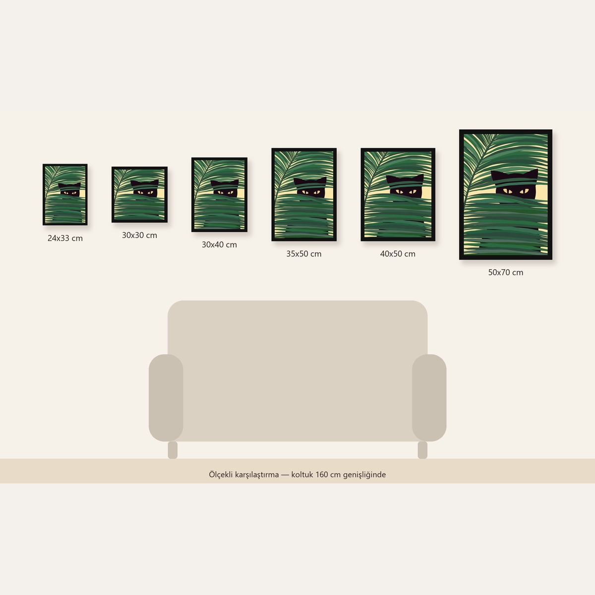 Yapraklar Arasında Siyah Kedi Dijital Poster Duvar Dekoru — 24×33 cm'den 50×70 cm'e, altı ölçünün karşılaştırması
