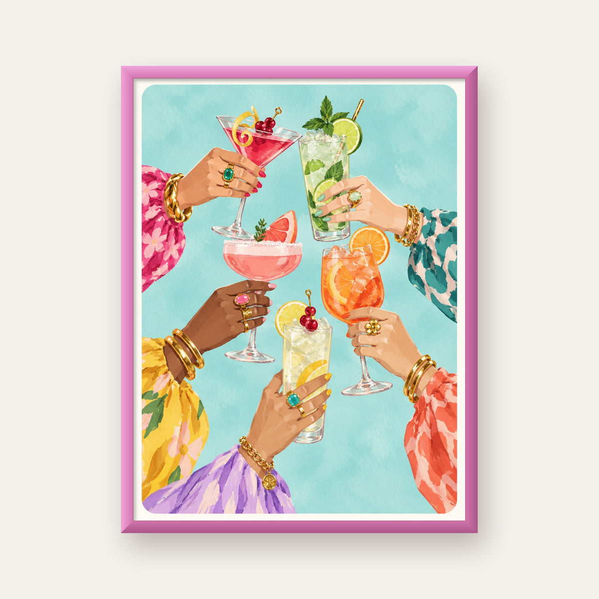 Renkli Kokteyl Bardakları ve Zarif Eller Dijital Poster — pembe çerçeveli