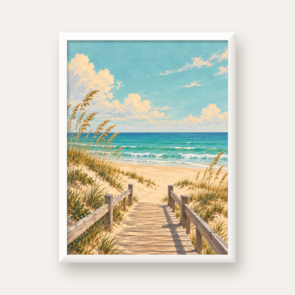 Sahile İnen Tahta Yol Pastel Yağlı Boya Poster — beyaz çerçeveli dikey poster