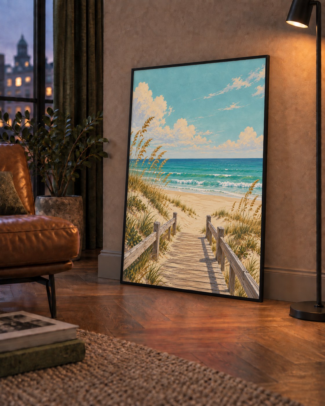 Sahile İnen Tahta Yol Pastel Yağlı Boya Poster — çerçeveli hâliyle bir ev duvarında