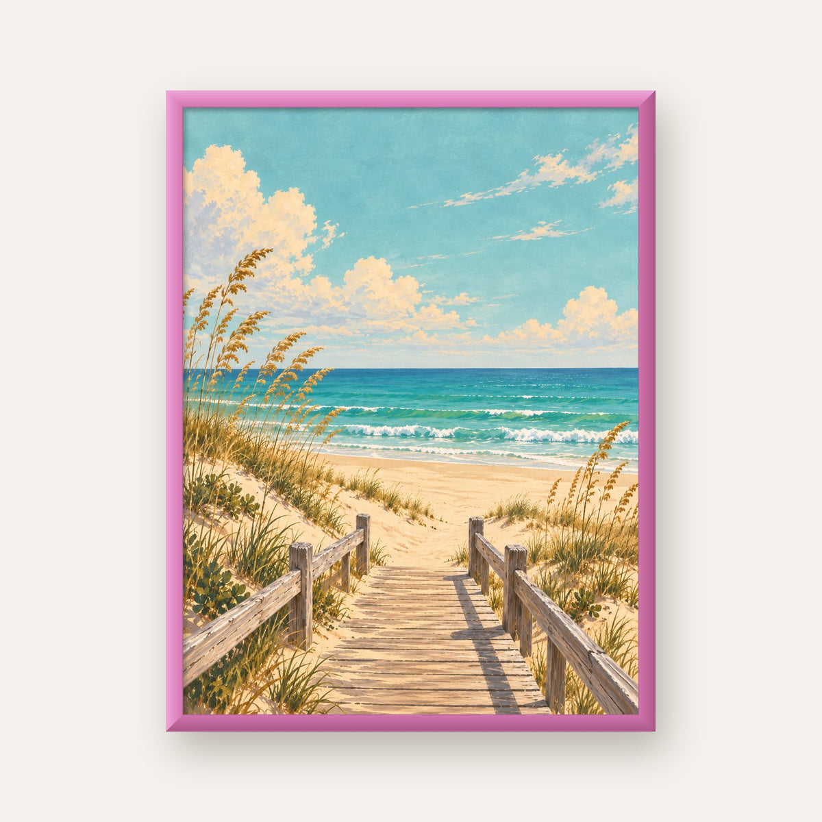 Sahile İnen Tahta Yol Pastel Yağlı Boya Poster — pembe çerçeveli