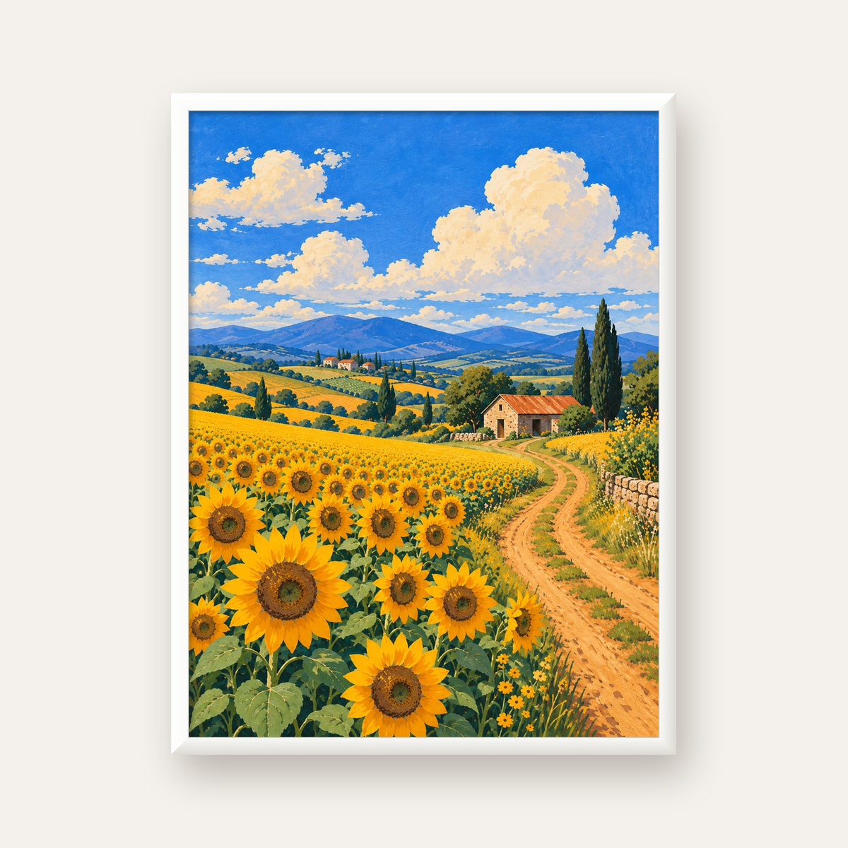 Günebakalı Kır Manzarası Poster – Pastoral Duvar Dekoru — beyaz çerçeveli dikey poster
