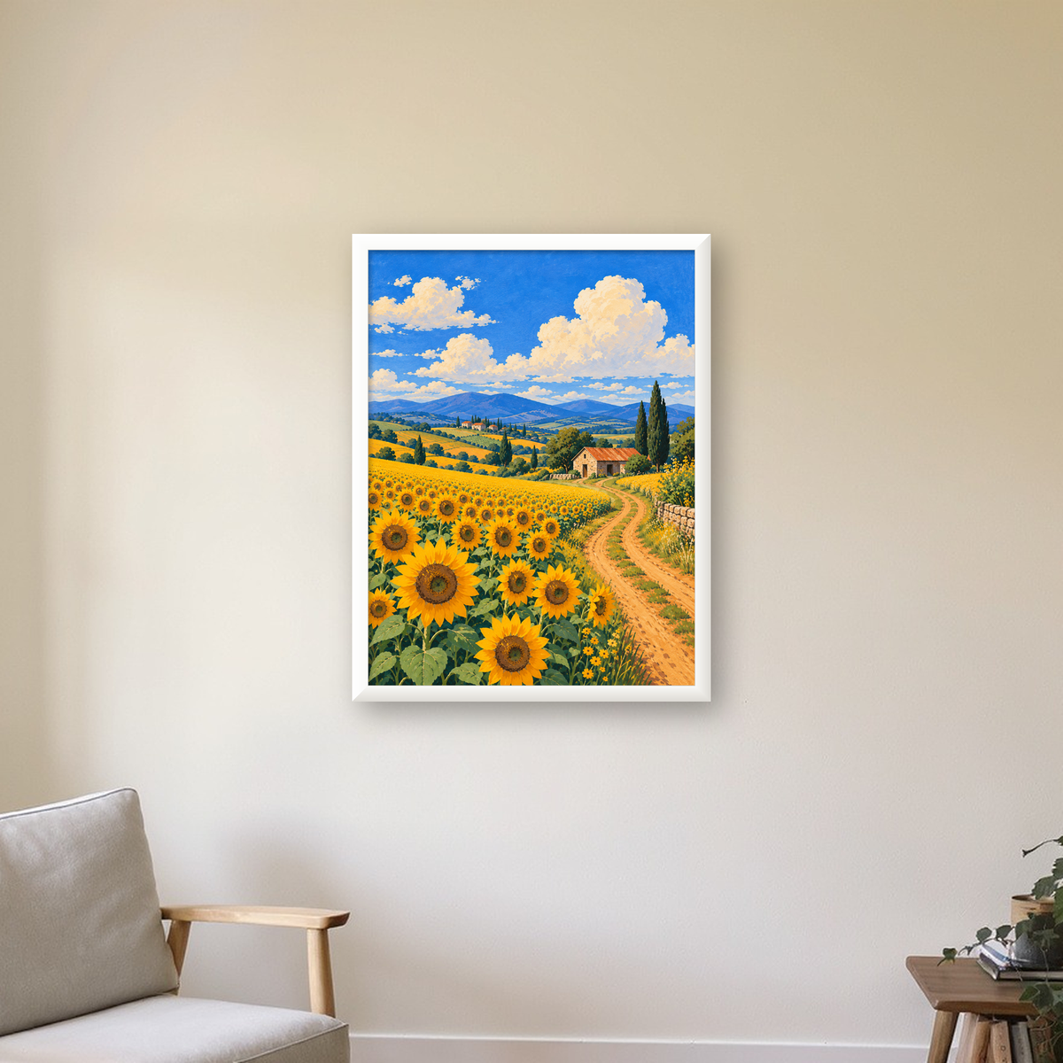 Günebakalı Kır Manzarası Poster – Pastoral Duvar Dekoru — beyaz çerçeveli dikey poster