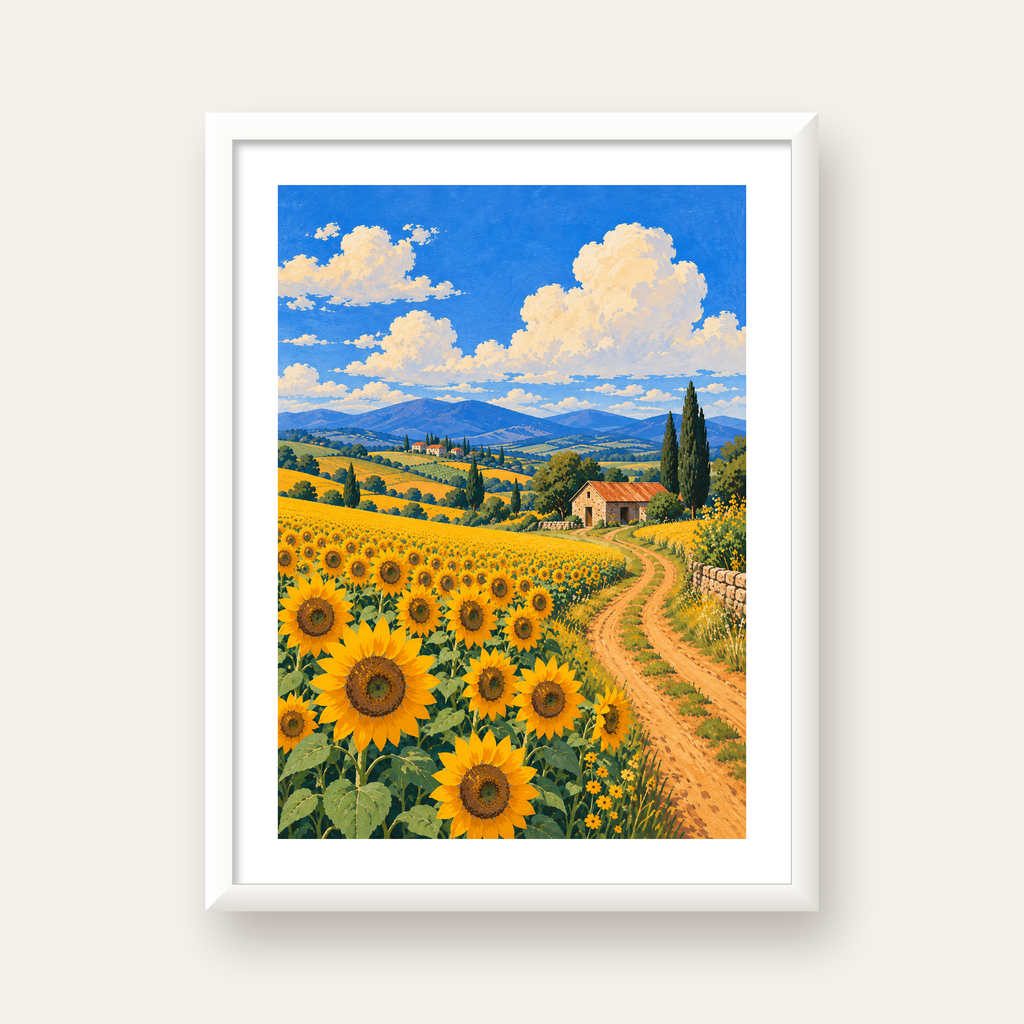 Günebakalı Kır Manzarası Poster – Pastoral Duvar Dekoru — beyaz çerçeveli dikey poster