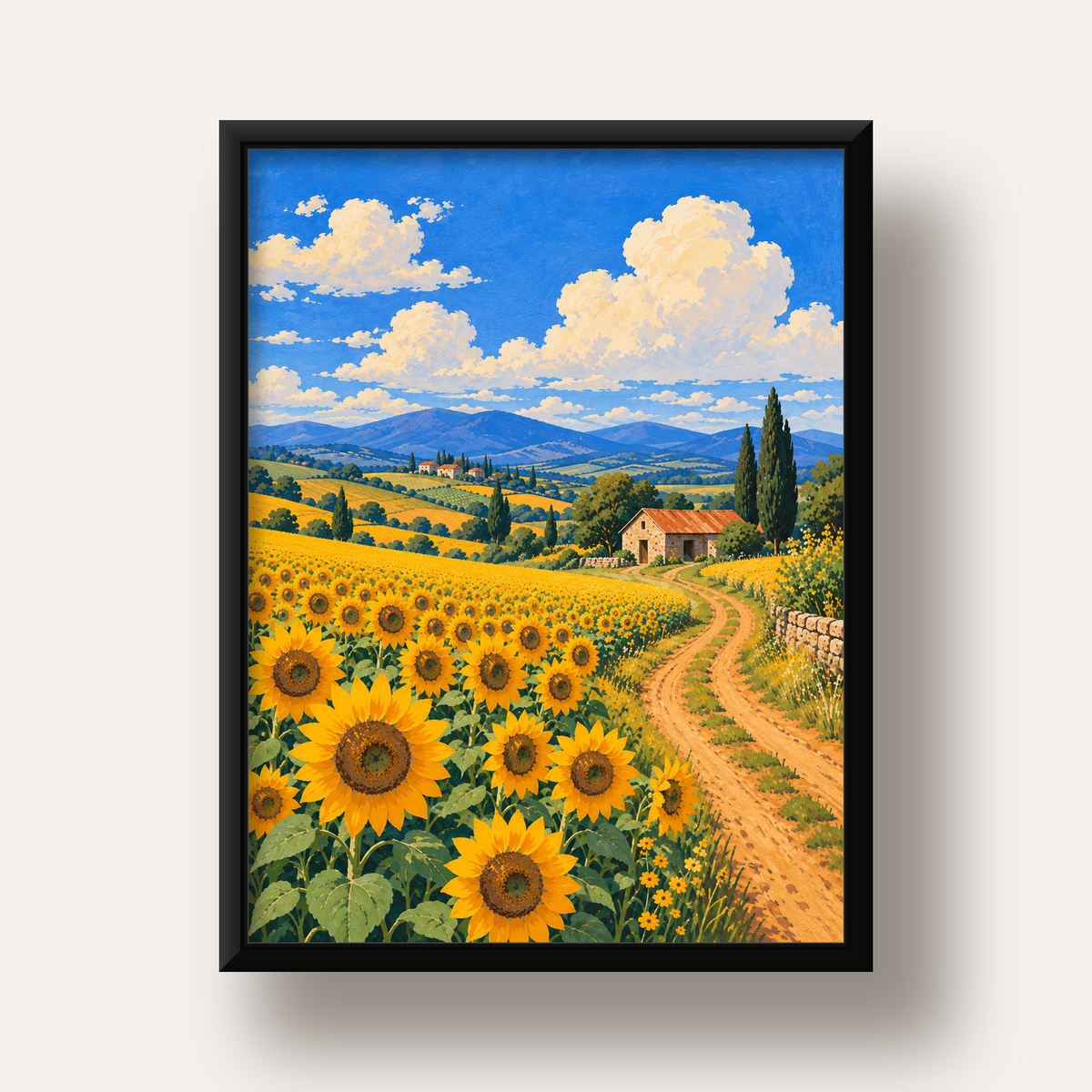 Günebakalı Kır Manzarası Poster – Pastoral Duvar Dekoru — siyah derin çerçeveli