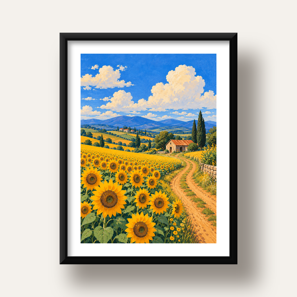 Günebakalı Kır Manzarası Poster – Pastoral Duvar Dekoru — siyah derin çerçeveli paspartulu