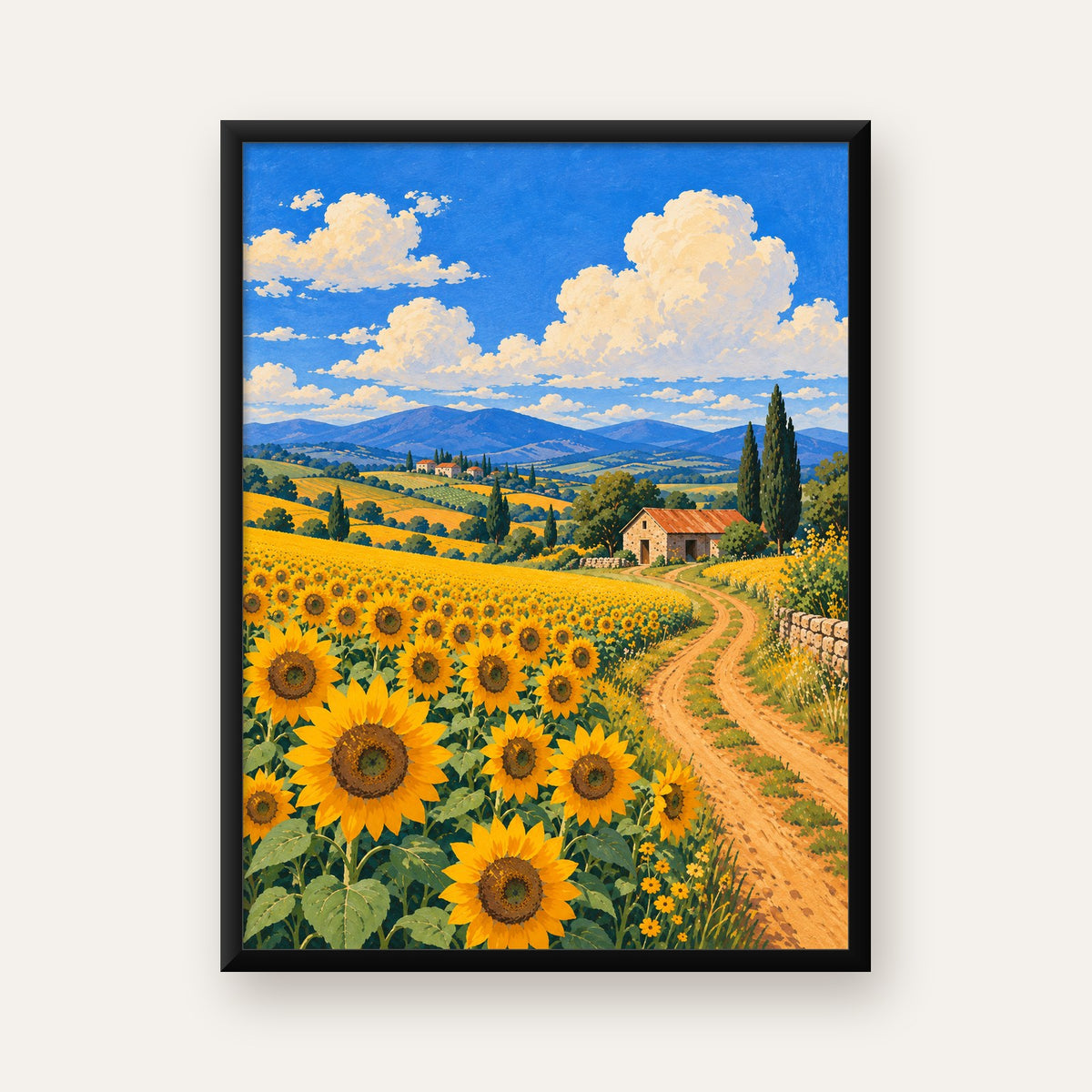 Günebakalı Kır Manzarası Poster – Pastoral Duvar Dekoru — Dikey baskı, düz siyah çerçeveli duvar posteri