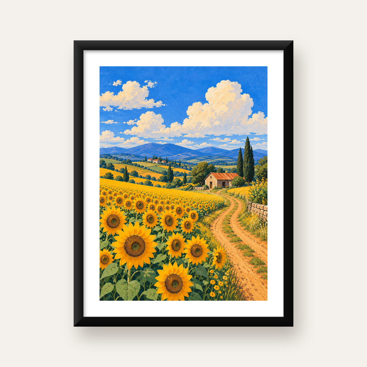 Günebakalı Kır Manzarası Poster – Pastoral Duvar Dekoru — Dikey baskı, beyaz paspartulu