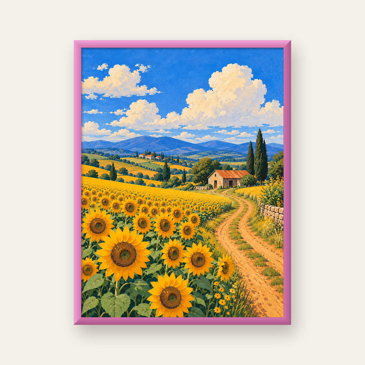 Günebakalı Kır Manzarası Poster – Pastoral Duvar Dekoru — pembe çerçeveli