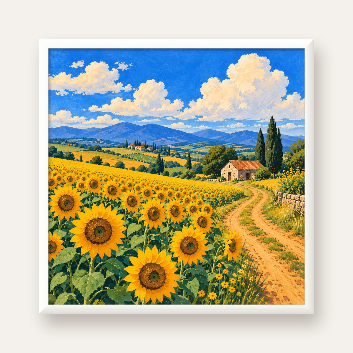 Günebakalı Kır Manzarası Poster – Pastoral Duvar Dekoru — beyaz çerçeveli kare poster