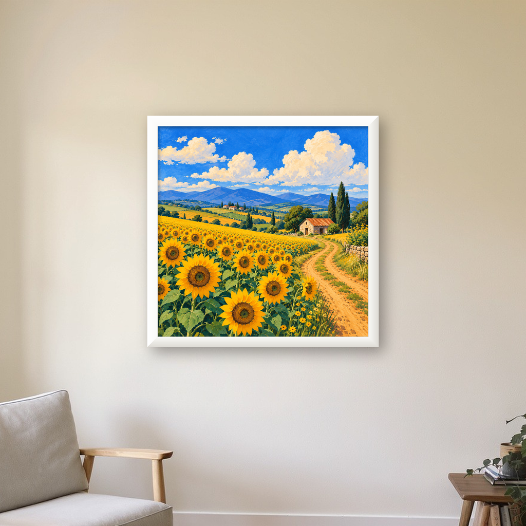Günebakalı Kır Manzarası Poster – Pastoral Duvar Dekoru — beyaz çerçeveli kare poster