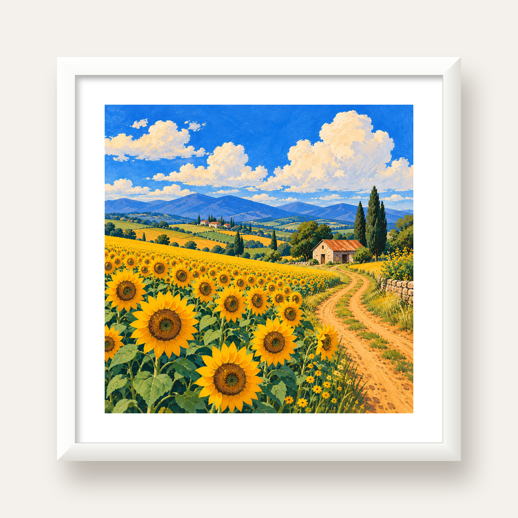 Günebakalı Kır Manzarası Poster – Pastoral Duvar Dekoru — beyaz çerçeveli kare poster