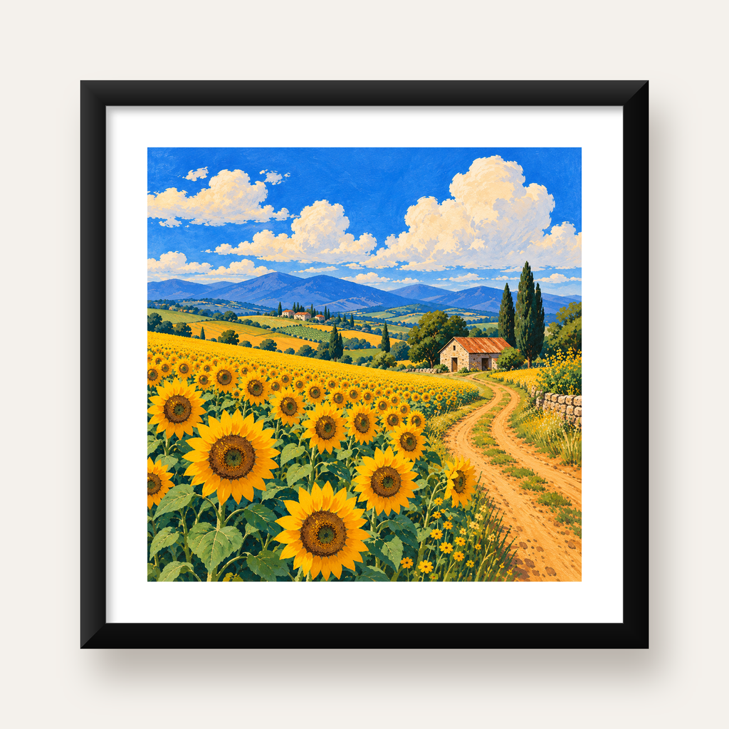 Günebakalı Kır Manzarası Poster – Pastoral Duvar Dekoru — Kare baskı, beyaz paspartulu