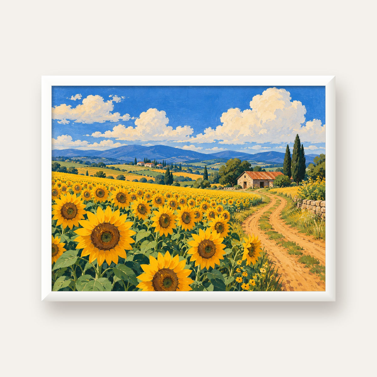 Günebakalı Kır Manzarası Poster – Pastoral Duvar Dekoru — beyaz çerçeveli yatay poster