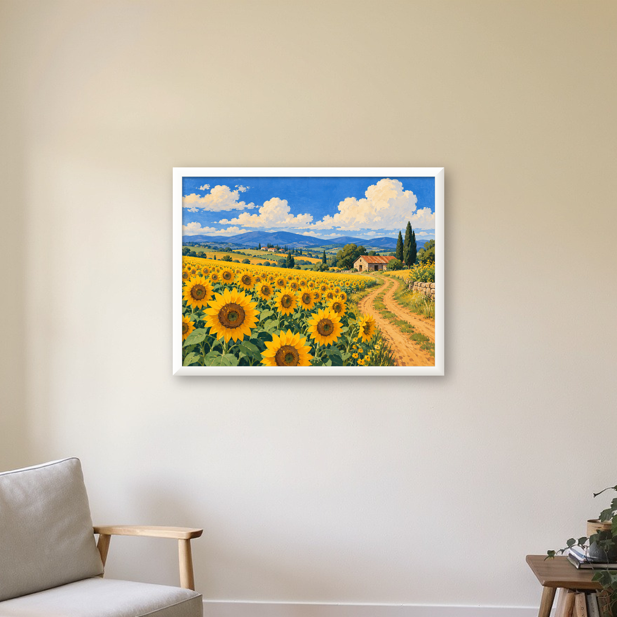 Günebakalı Kır Manzarası Poster – Pastoral Duvar Dekoru — beyaz çerçeveli yatay poster