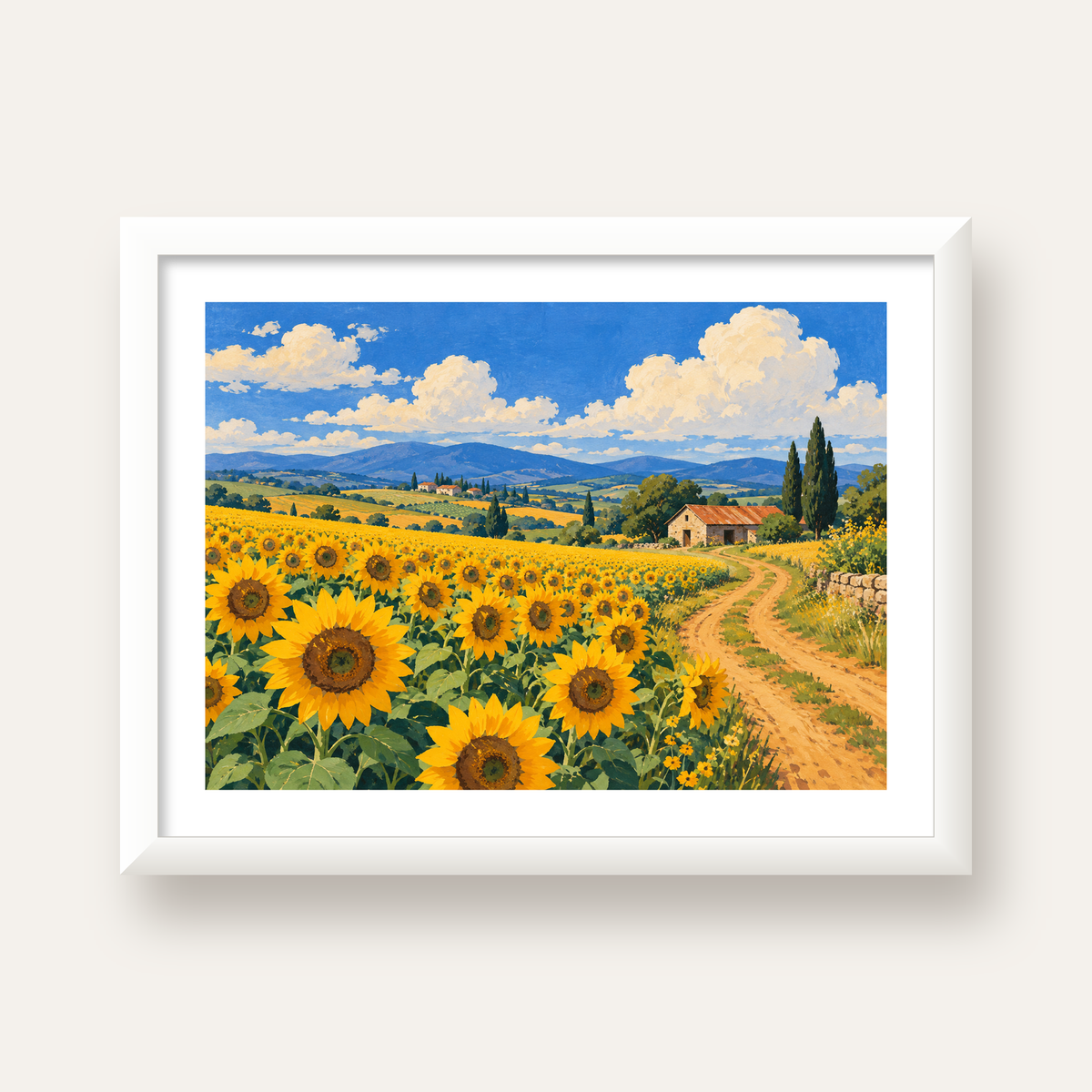 Günebakalı Kır Manzarası Poster – Pastoral Duvar Dekoru — beyaz çerçeveli yatay poster