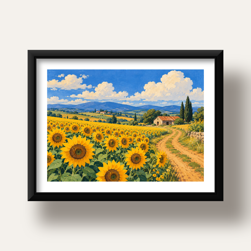Günebakalı Kır Manzarası Poster – Pastoral Duvar Dekoru — siyah derin çerçeveli paspartulu