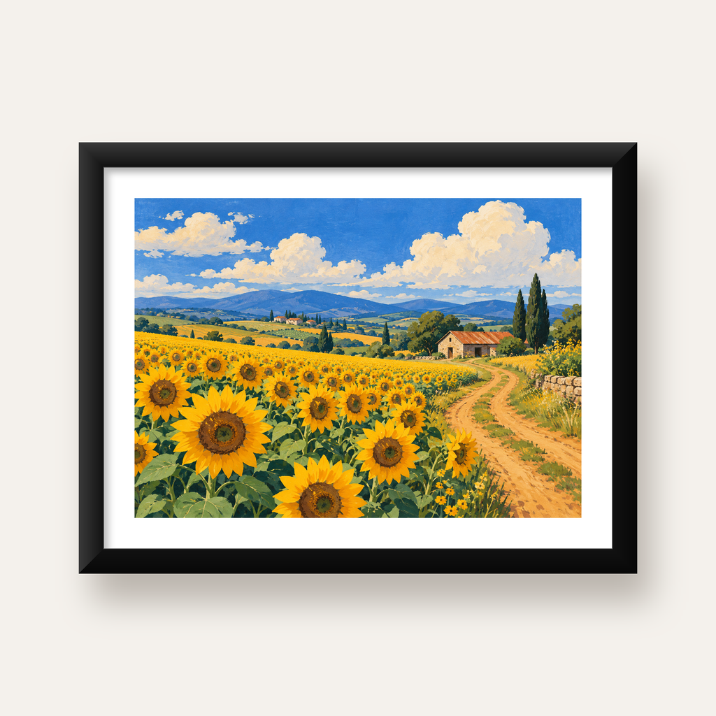 Günebakalı Kır Manzarası Poster – Pastoral Duvar Dekoru — Yatay baskı, beyaz paspartulu
