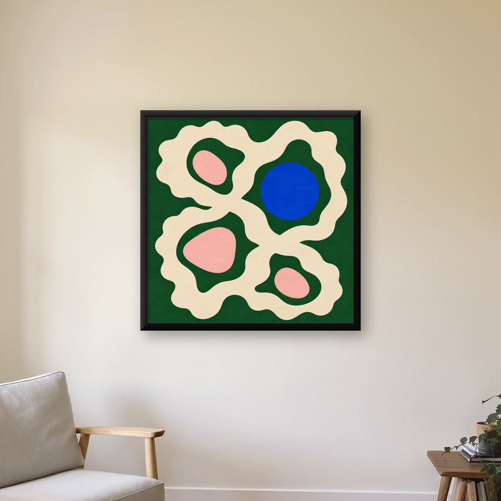 Soyut Organik Formlar – Modern Dijital Sanat Poster — Kare baskı, çerçeveli hâliyle bir ev duvarında